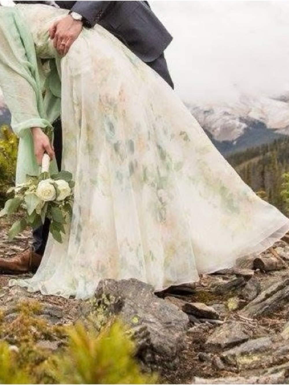 Jenny Yoo Collection Inesse V-neck Chiffon Gown Vintage Floral Ivory Sage Multi - Picture 6 of 7